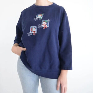 Vintage Holiday  Edition Navy Snowman Festive Winter Crewneck Sweater